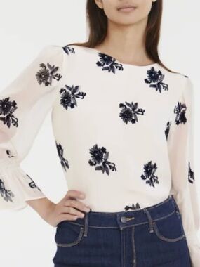 CeCe White Sheer Blouse with Black Floral Embroidery